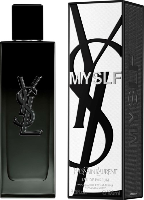 Een zwarte parfumfles met Yves Saint Laurent logo naast een zwart-wit doos met MYSELF.