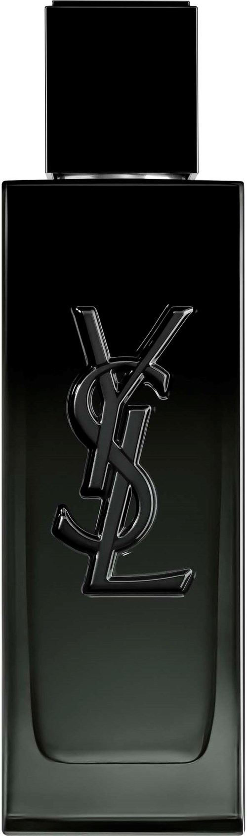 Een zwarte fles met YSL-logo, waarschijnlijk parfum of cologne, met zwarte dop en verloopontwerp.