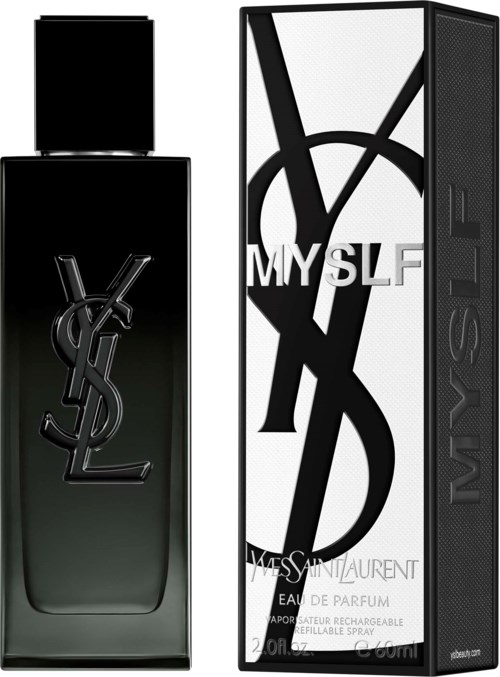 Yves Saint Laurent parfumfles en verpakking met zwart-wit ontwerp, met YSL-logo en tekst.