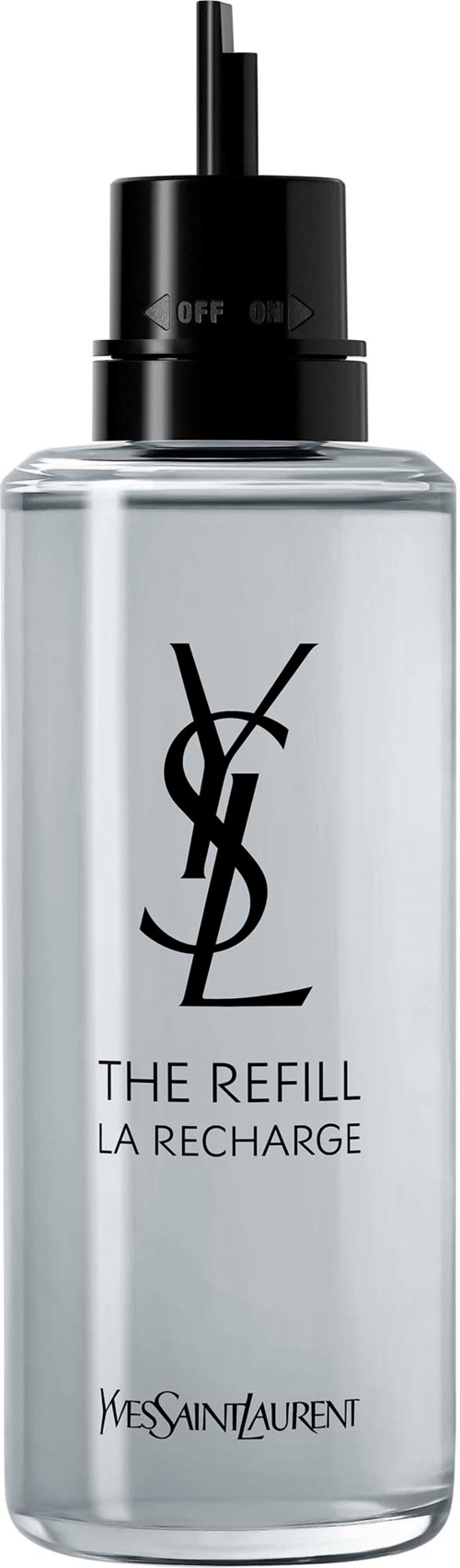 En klar flaska med svart pump, innehållande Yves Saint Laurent vätskerefill märkt The Refill La Recharge.