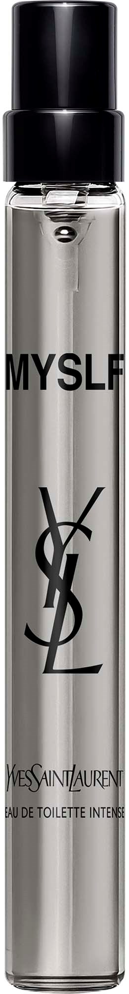 En lång, klar parfymflaska med svart lock och Yves Saint Laurent-logga.
