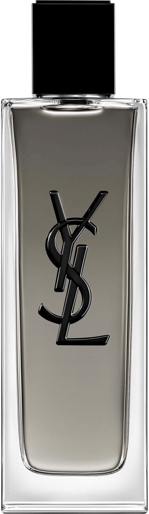 En lång klar parfyllflaska med svart lock och YSL-logga på framsidan.