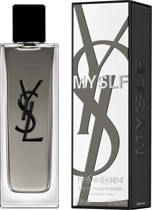 En parfyllflaska och förpackning med Yves Saint Laurent och MYSELF-märkning, elegant svart-vitt design och stora bokstäver.