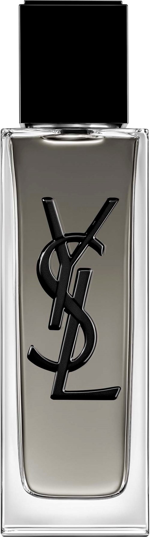 En lång klar flaska med svart lock och YSL-logga på fronten. Den verkar innehålla en mörk parfym.