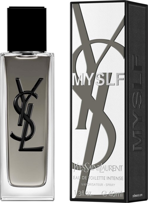 Yves Saint Laurent logga och en parfyllflaska med 'MYSELF' på förpackningen.