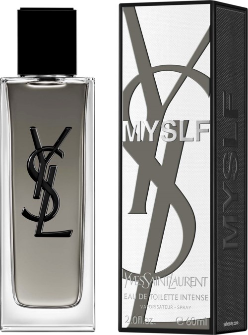 En parfymflaska med Saint Laurent-logga och en stilren box med texten MY SLF för Yves Saint Laurent doft.