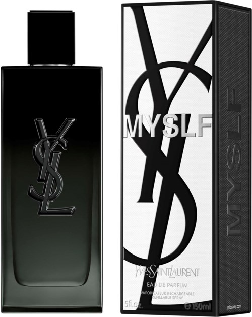 Eine schwarze YSL-Parfüflasche neben einer Box mit großen YSL und MYSELF Buchstaben.
