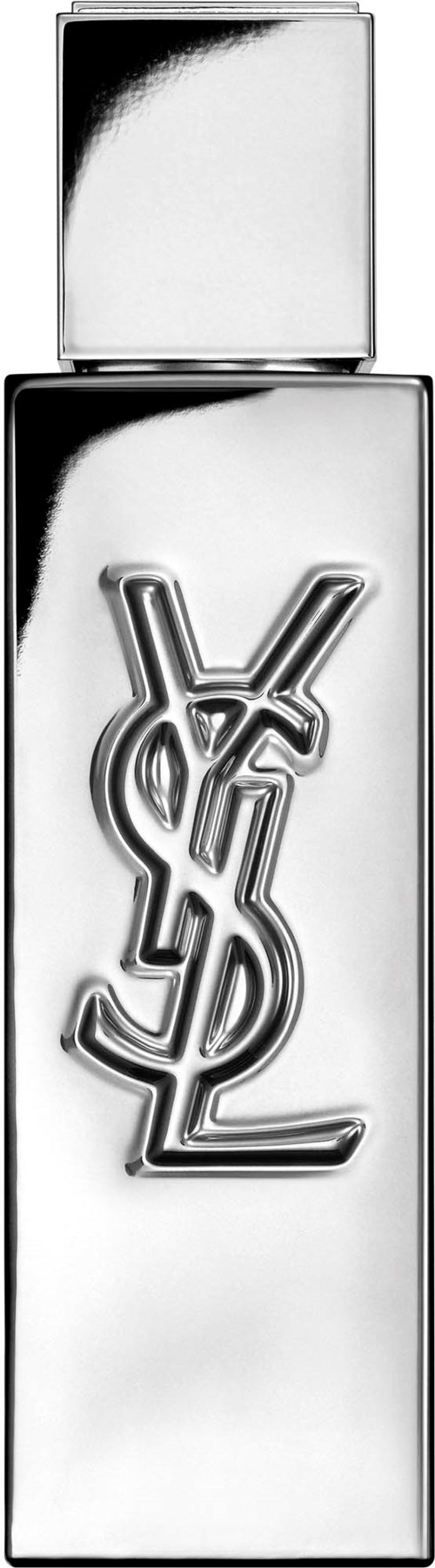 Ein glänzender silberner Yves Saint Laurent Lippenstift, mit Logo.