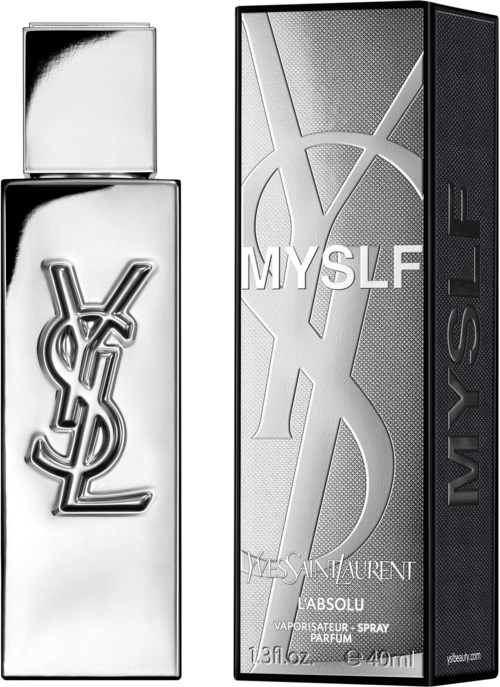 Zwei Parfüfflaschen, eine mit YSL-Logo, andere mit MYSELF MYSELF etikett, beide elegant.