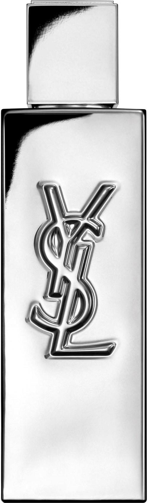 Pitkä hopeinen hajuvesipullo, jossa on Yves Saint Laurent -logo, kiiltävä ja tyylikäs muotoilu.