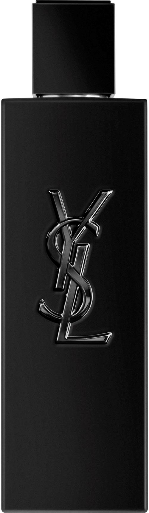 Zwarte fles met YSL-logo in glanzend metaal. Eenvoudig, elegant ontwerp. Waarschijnlijk parfum- of aftershavefles.
