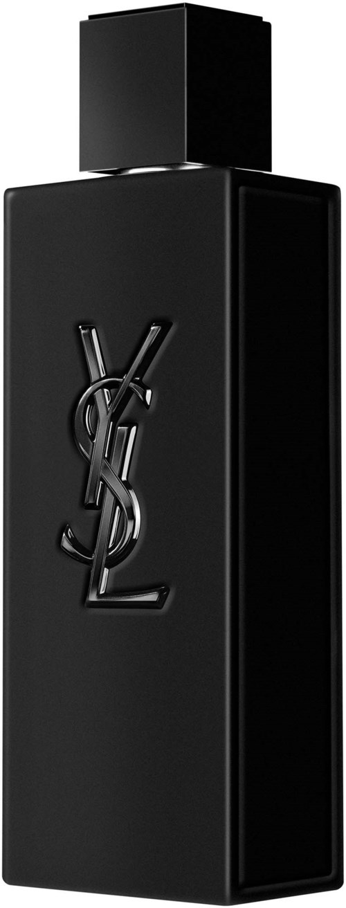 Een lange zwarte fles met een YSL-logo erop, waarschijnlijk parfum of cosmetica.