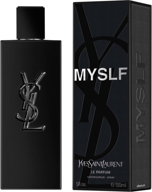 Een parfumbotje met Yves Saint Laurent MYSELF en de doos met zwarte design elementen.