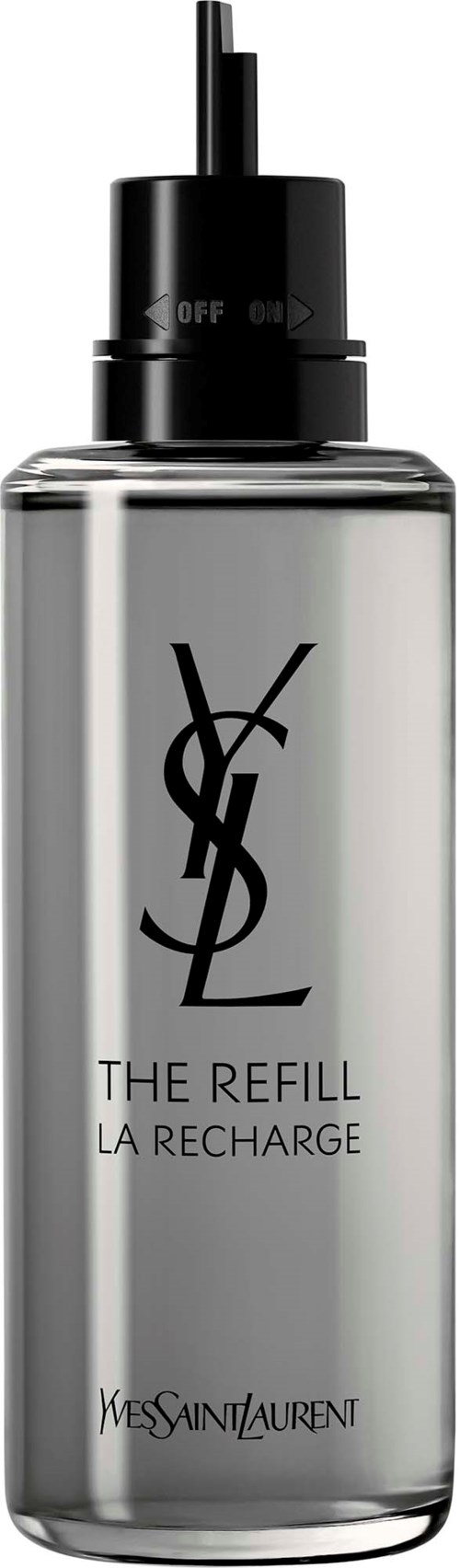 Een doorzichtige fles met een zwarte dop en spuit, gelabeld Yves Saint Laurent, The Refill La Recharge.