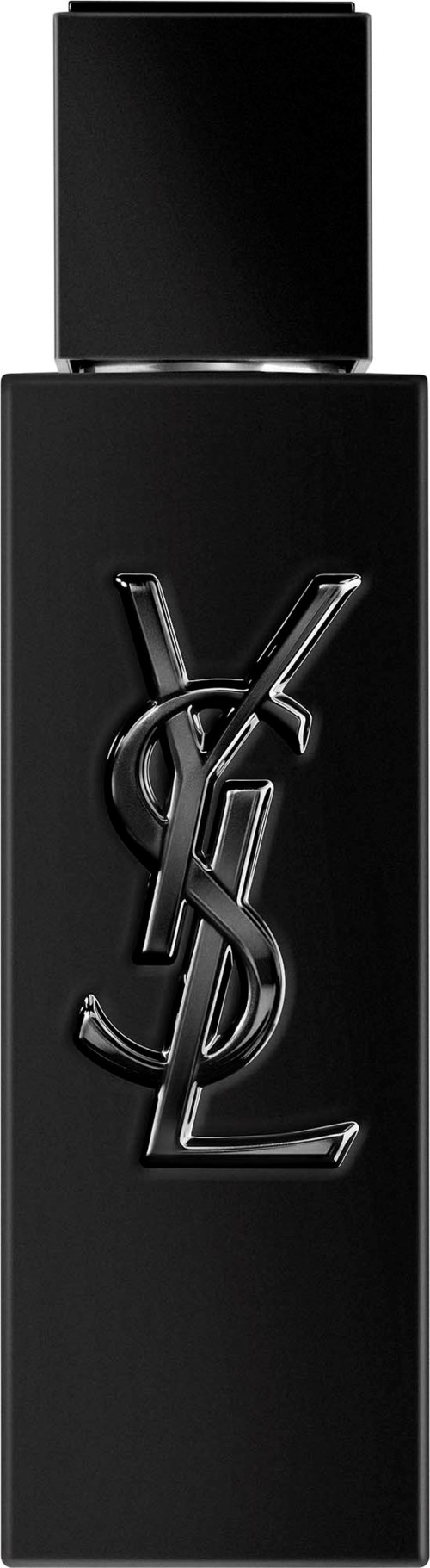 Een zwarte YSL-parfumfles met groot logo op de voorkant en een vierkante dop.