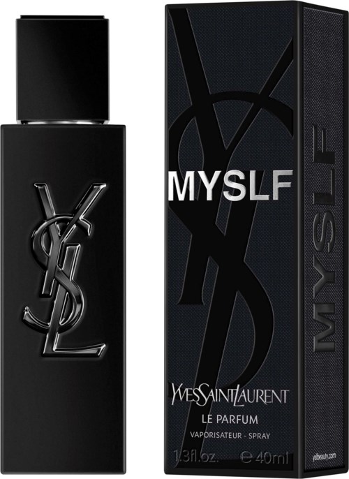 Een zwarte parfumfles met YSL-logo en een doos gemarkeerd als MYSLF, afkorting voor Yves Saint Laurent.