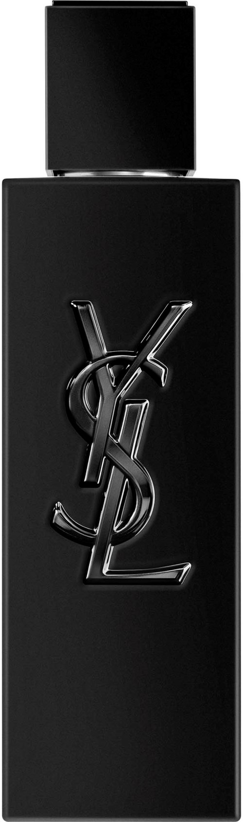 Een zwarte fles met het Yves Saint Laurent logo in glanzend zilver aan de voorkant.