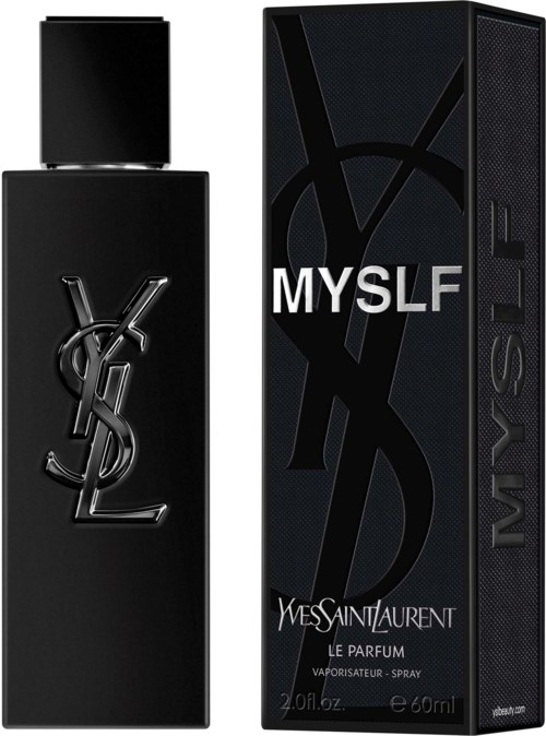 Yves Saint Laurent parfumfles en doos met zwart ontwerp en groot YSL-logo.