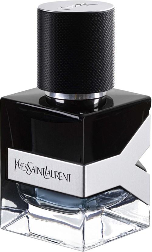 Eine Flasche mit schwarzem Deckel, Etikett liest Yves Saint Laurent, und klare Glasbasis, wahrscheinlich Parfüm oder Eau de Cologne.
