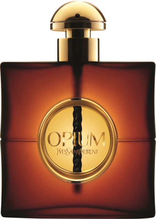 A brown and gold perfume bottle with a round label and a curved golden cap.