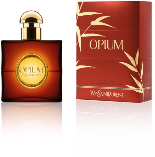 A perfume bottle with gold and brown colors, and a red box with white and gold details, labeled 'Opium' by Yves Saint Laurent.