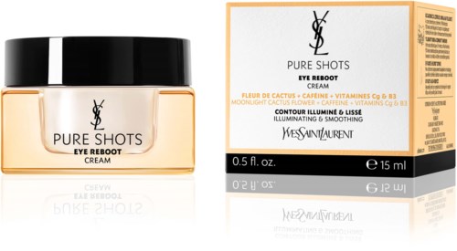 Yves Saint Laurent Pure Shots Eye Reboot Crème, bevat cactusflower, cafeïne en vitamines, in klein potje met zwarte deksel.