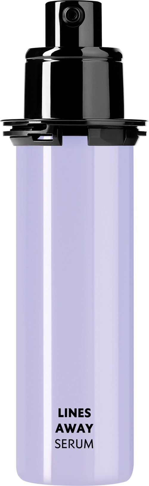 Een lavendelkleurige fles met een zwarte spraydop, gelabeld "LINES AWAY SERUM".