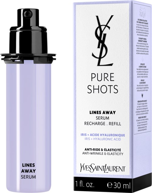 Een huidverzorgingsserumfles en doos met "Lines Away" door Yves Saint Laurent, met hydratatie en anti-rimpelvoordelen.
