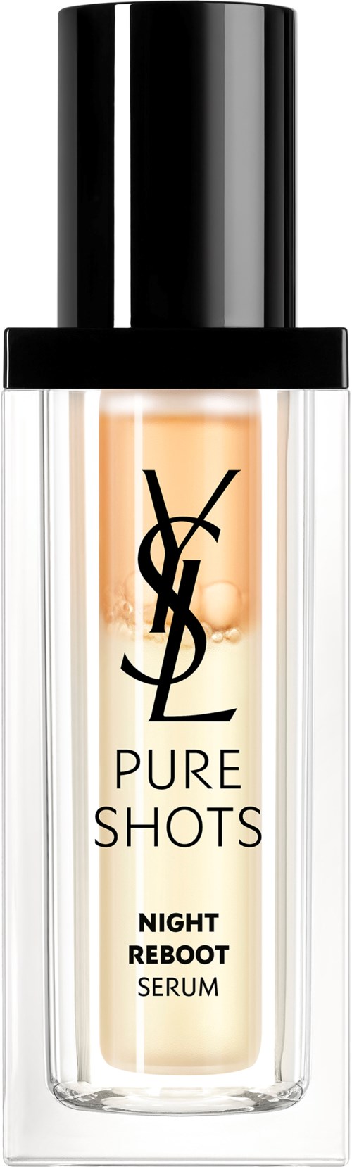 Een doorzichtige fles met zwarte dop en YSL-logo, labeled als Pure Shots Night Reboot Serum.