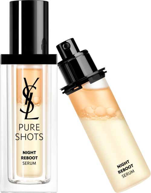 Twee flessen van YSL Pure Shots Night Reboot Serum, één met dop en één zonder, tegen zwarte achtergrond.