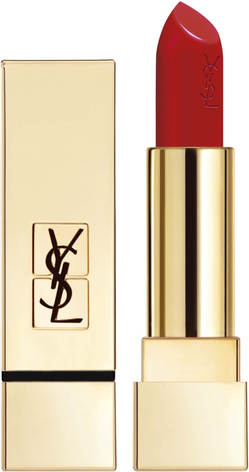 Ett gyllene läppstiftfodral med röd läppstift inuti, och YSL-logga på boxen och läppstiftet.