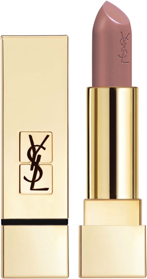 En YSL läppstift med beige och guldförpackning, delvis utdragen för att visa ljusrosa lipstick.