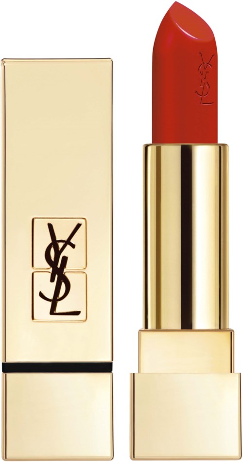 Ett rött läppstift med guldfodral och YSL-logotyp, står bredvid sin förpackning.