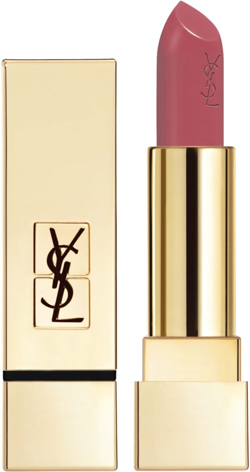 Ett rosa läppstift med guld förpackning, märket Yves Saint Laurent, bredvid sin förpackning.