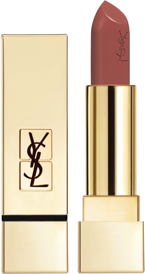En YSL-läppstift i guldhölje med en rosa nyans. Boxen har YSL-logotypen. Elegant och stilren design.