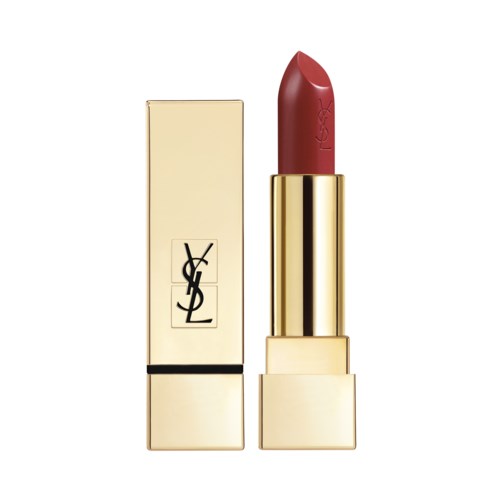En röd läppstift i ett guldfärgat fodral, med YSL-loggan på boxen och läppstiftet. Elegant och lyxigt utseende.