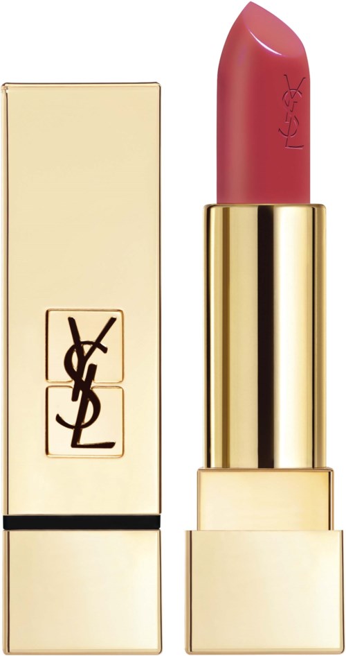 Guldfärgad läppstiftstubbe med rosa läppstift inuti och YSL-logga på båda. Elegant och lyxig design.