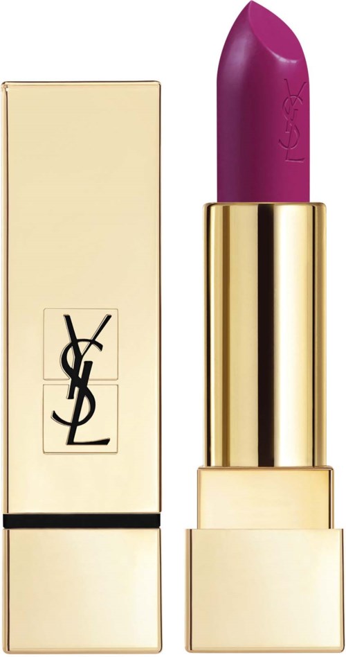 En guldfärgad läppstiftspenna och ett lila läppstift med YSL-logga. Röran är enkel och elegant.