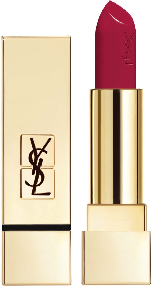 Läppstift i rött med guldig hölje, bredvid ett matchande förpackning med YSL-logga.