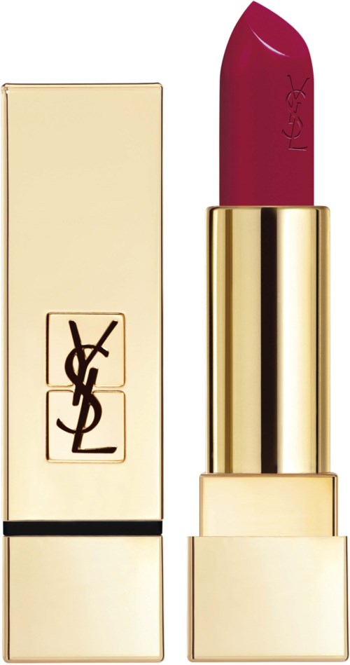 En röd läppstift i ett guldfodral, bredvid en matchande guldförpackning med YSL-logotyp.