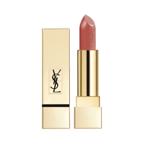 Ett YSL läppstift i ett guldfodral med YSL-loggan, rosa nyans, står bredvid sin förpackning.