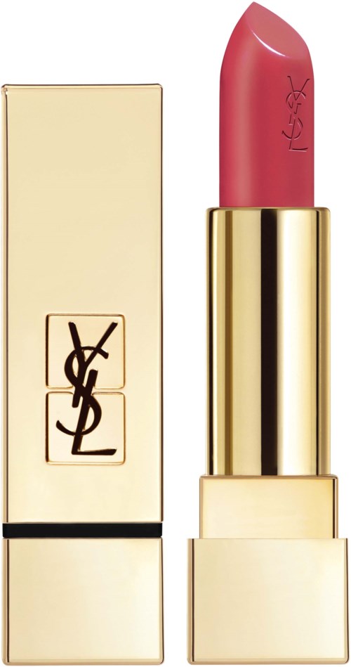 En rosa läppstift i ett glänsande guldfodral med YSL-logga, står bredvid sin förpackning.