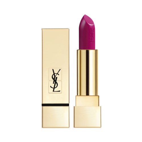 Guld- och rosa läppstift i ett guldhölje med YSL-logotypen. Läppstiftet är rosa och formad med snedställd topp.
