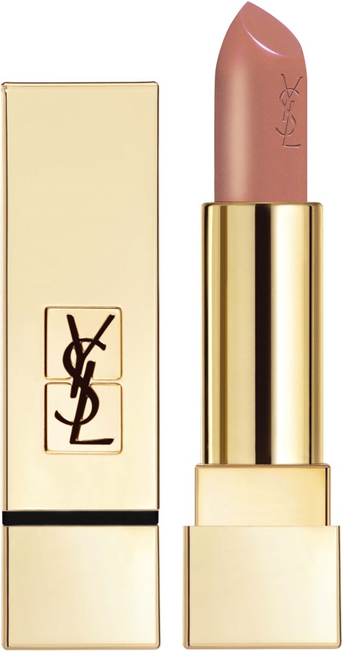 En beige läppstift i ett guldfodral med en beige och guld box bakom.