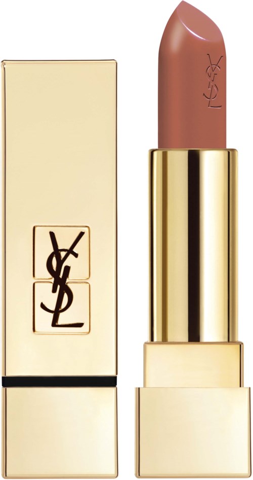 En YSL läppstift i en guldfärgad tråd med en beige lock, logga på läppstiftet själv och en enkel förpackning.