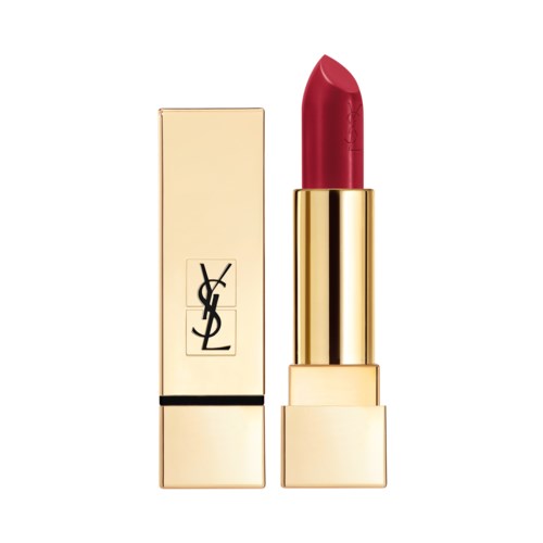 Ett läppstift i ett guldfärgat fodral med YSL-logga, öppet som visar röd färg.