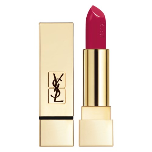 Gyllene läppstift med rosa färg och Yves Saint Laurent-logotyp på sidan och låda.