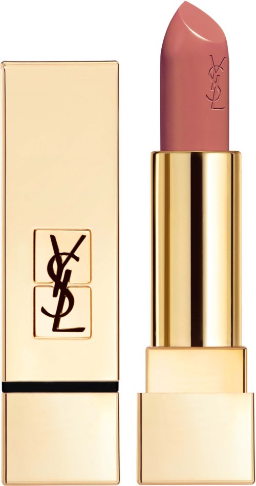 En YSL läppstift i ett guldhölje med en beige box, visar en mjuk rosa nyans.