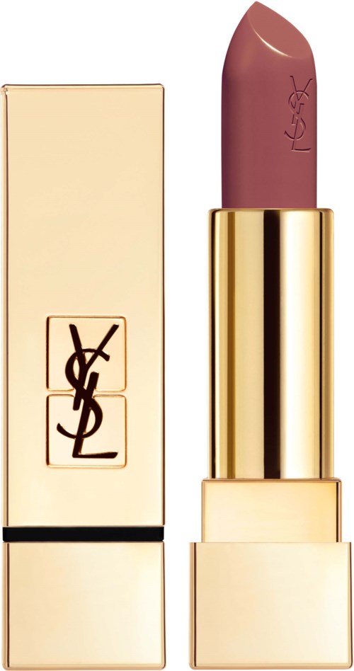 En beige läppstiftsrör med guldlock, YSL-logga på läppstiftet och en matchande beige förpackning.