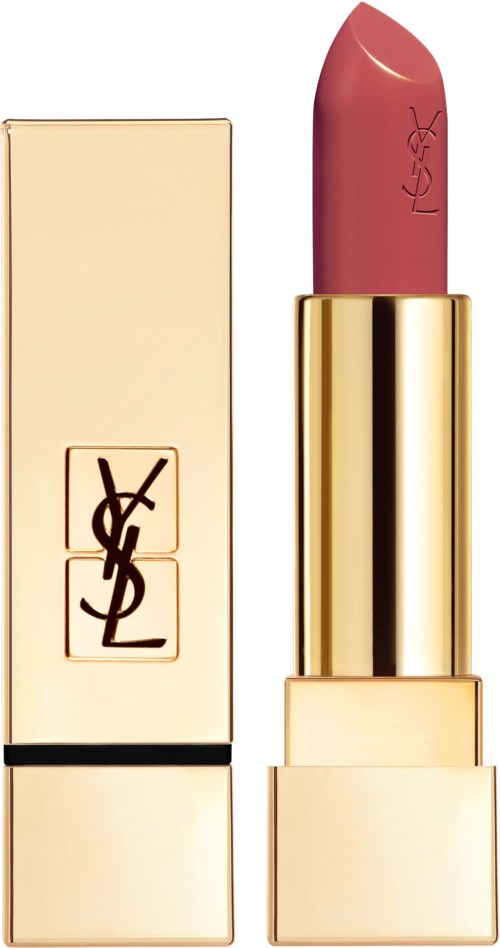 Ett läppstift i ett guldfodral med Yves Saint Laurent-logga, delvis uppvridet och visar en rosa-beige färg.
